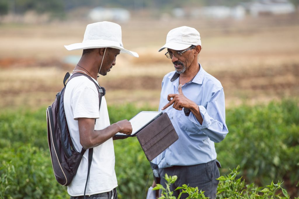 Two farmers discuss crop data using a tablet